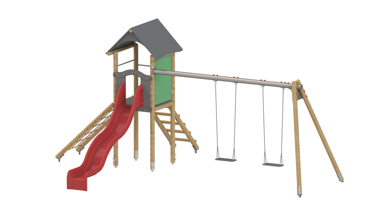 Spielturm mit Doppelschaukel, Wellenrutsche und Kletternetz
