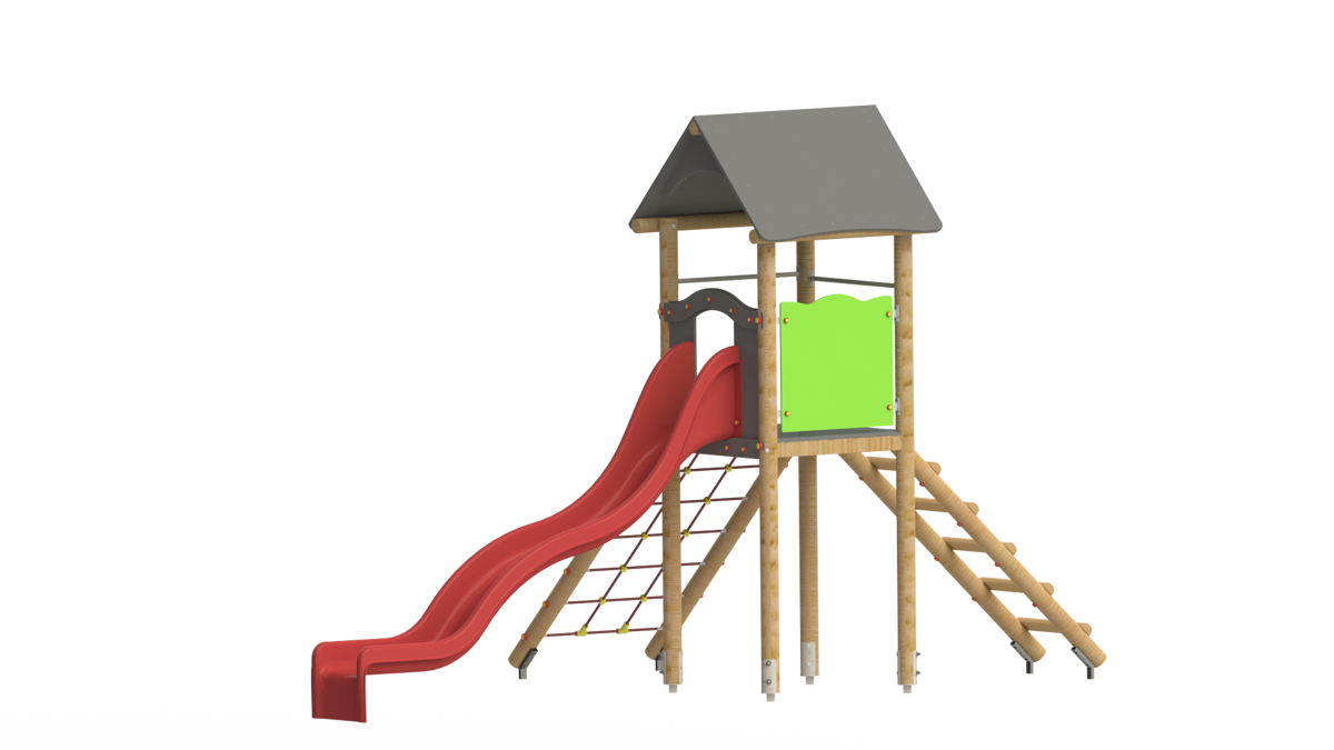Spielturm mit Wellenrutsche und Kletternetz