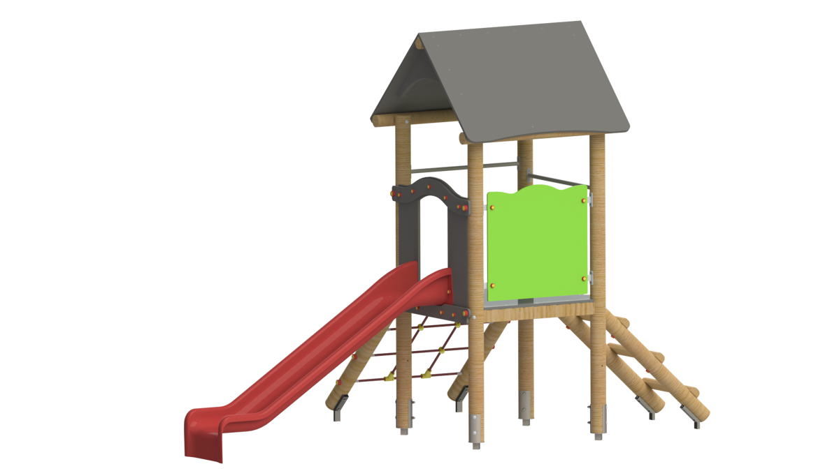 Spielturm mit Rutsche und Kletternetz - niedrig